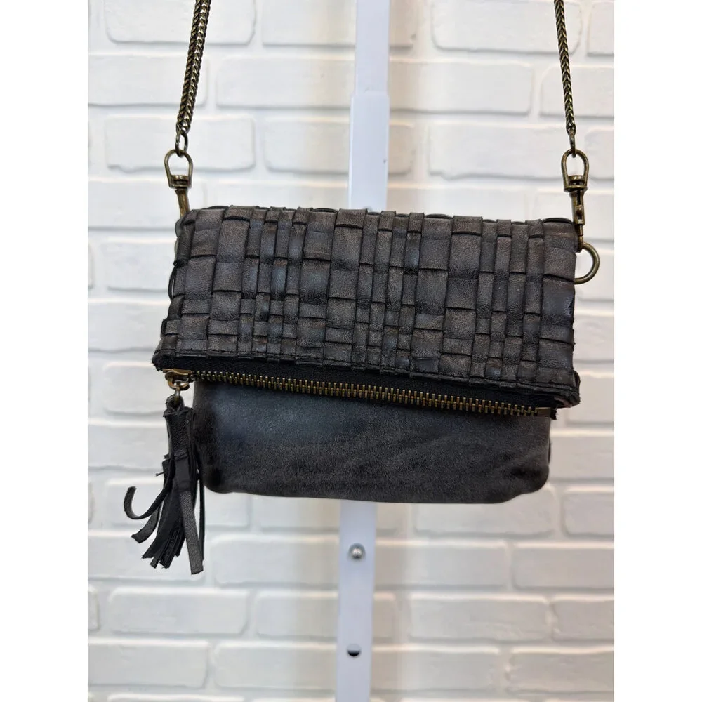 Deux Lux Woven Foldover Crossbody Bag Black Chain Strap
